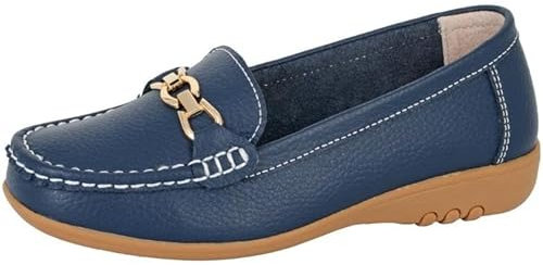 Miss Shoes Extra Wide EEE Fit Leather Bar Loafers (Navy Blue, UK Footwear Size System, Adult, Women, Numeric, X-Wide, 6)