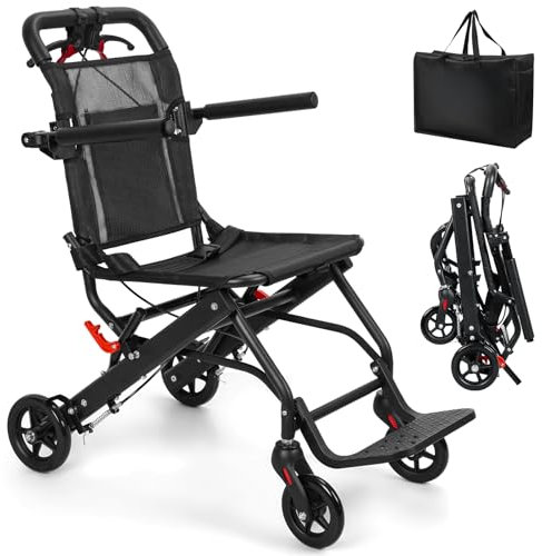 Sedia a rotelle pieghevole leggera da trasporto, sedia a rotelle compatta in alluminio per adulti mobilità ridotta, sedile stretto 40 cm, sedia a rotelle portatile da viaggio, sedia medica (nero)