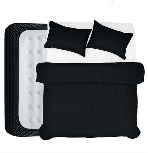 BedLooms 4 Piece Double Duvet Set - Duvet Cover and Fitted Sheet with Pillow cases - Satin Stripes Soft Brushed Microfiber (Black)