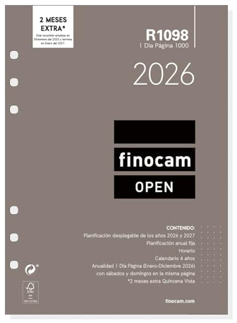 Finocam - Recambio agenda Open 2026 1 Día Página | Enero - Diciembre (12 meses) | Recambio anual agenda R1098 con 6 taladros - Español
