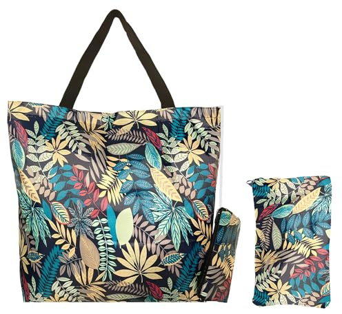 HYMUUNI Large Foldable Shopping Tote Bag Reusable Washable Grocery Bags Waterproof Lightweight beach bag Portable Shopper Bag with Zip for Daily Use Commute Travel Picnic (Leaves)