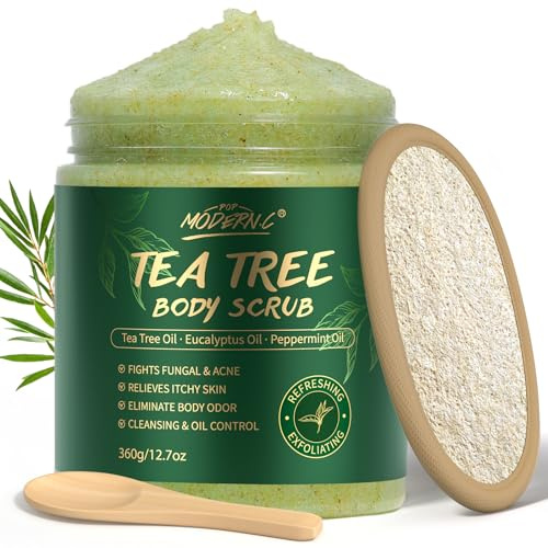 Gommage Corporel à L'huile D'arbre à Thé, Améliore les Mycoses Cutanées, les Démangeaisons, L'eczéma Marginé, les Odeurs Corporelles. Gommage au Sel Marin pour Exfolier et Hydrater la peau, 360g