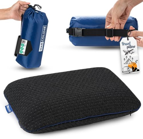 Marcolumb Cuscino da viaggio – Supporto ergonomico per il collo da campeggio in memory foam con federa termoregolante – Borsa da viaggio impermeabile inclusa
