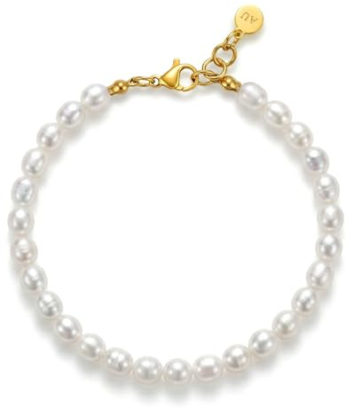 AUMIRELLE Perlenarmband Damen – Armband Perlen Gold aus Edelstahl 316L, verstellbar 17–20 cm, eleganter Perlenschmuck mit echten Süßwasserperlen, Geschenk für Mutter, Freundin oder Schwester