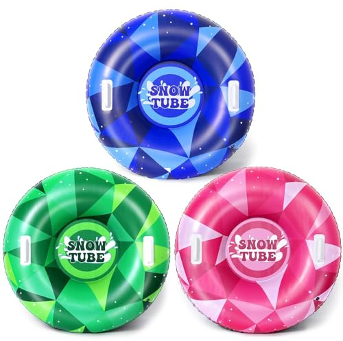 Snow Tube 3 Pack 36 Inflatable Snow Sled for Adult Thickened Heavy Duty Hard Bottom Sleds with Handles Outdoor Winter Toys for Outdoor Sledding Sports Gift Supplies (Blue Green Pink Geometric)