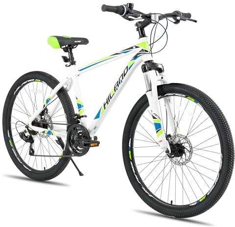 HILAND 27.5 Inch Mountain Bike, 21-Speed MTB with Front Suspension, Aluminium Frame Bicycle, Dual Disc Brakes, Adult Bicycle for Men Women, Lightweight Hardtail Mountain Bike, White