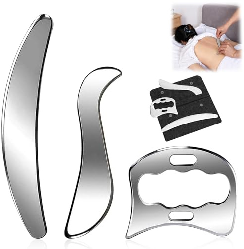 Gua Sha rostfritt stål set 3 i 1 Gua Sha skrapa med filt förvaringsväska fascia massage verktyg metall lymfdränering massageapparat helkropp cellulite massage för ben rygg ansikte hals avkoppling