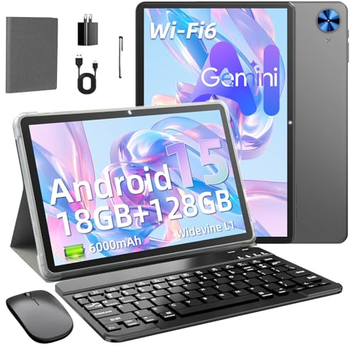Hasskya Tablet de 10.1 Pulgadas con Funda, Teclado,Ratón, Android 15, 18GB de RAM+128GB de ROM, 1TB Ampliable, Compatible con Widevine L1, Ocho Núcleos, WiFi 6, 6000 mAh, 5MP+8MP, Gris