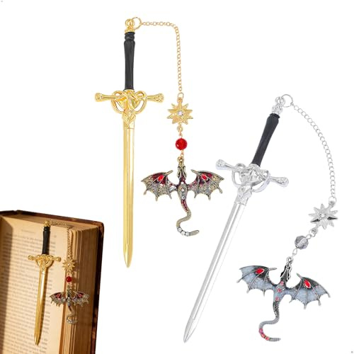 2 stycken bokmärken svärd, bokmärken fantasy, drakbokmärken, bevingat hänge, bokmärken, metall, vintagestil, unik present för kvinnor och män bok (silver + guld)
