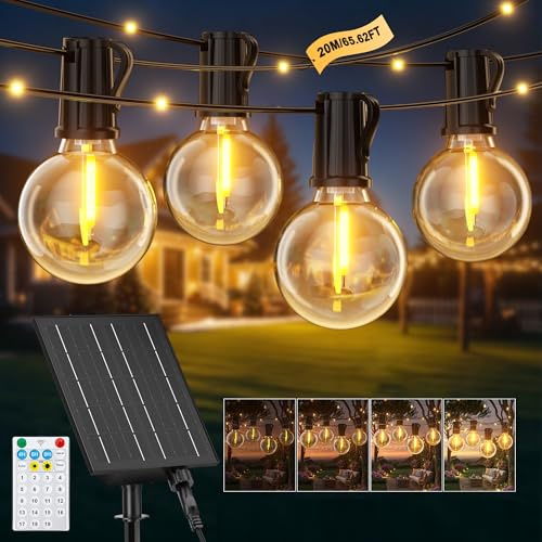 Guirnaldas Luces Exterior Solar, 20M/65.6Ft Lámparas Solares de Jardín Luces con 25+1 G40 Bombillas y 48 Perlas LED, 19 Modos Impermeable Guirnalda Solares para Jardín, Terraza, Navidad, Fiesta