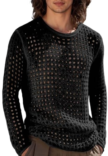 Camisa genérica para hombre de punto de rejilla de manga larga, camiseta de verano transpirable transparente en talla Plus, sudadera casual casual para playa, vacaciones de verano y salidas