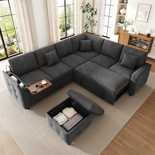 Sapgaks Canapé d'angle Convertible en Chenille avec liseuse LED,Port USB/Type-C,Rangement dans l'accoudoir,Tablette Rabattable,Porte-gobelets et 3 Coussins,canapé Convertible 6 Places,canapé lit,Gris