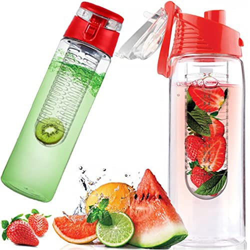 Retoo Gourde de 700 ml avec infuseur à fruits en Tritan - Sans BPA - Avec récipient à fruits - Couvercle rabattable avec poignée de transport - Bouteille d'eau pour boissons à fruits (rouge)