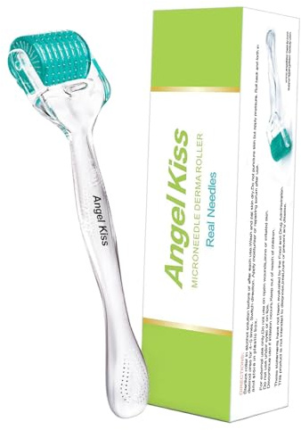 Derma Roller Real Needles - Angel Kiss 0.25mm Microneedling Roller with Case - 192 Stainless Steel Micro Needling Dermal Kit for Face, Scalp, Body - At Home Microdermabrasion Roller for Women Men