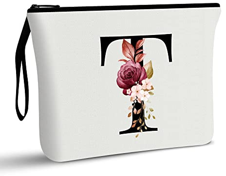 A-Z Personalized Makeup Bag, Birthday Gifts for Women Mom Bridesmaid (T) | Initial Gifts for Best Friend, Bride Girls, Cosmetic Bag