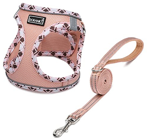 DORAMIO Hundegeschirr Kleine Hunde mit Leine, Step-in Geschirr Reflektierend Atmungsaktiv Brustgeschirr Anti Zug Sicherheitsgeschirr Katzengeschirr für Kleine Hunde, Katzen (Champagner, M)