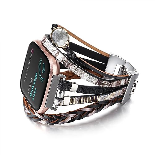 CHARMINGO Posh Leather Bracelet Compatible with Fitbit Versa 3/4 Bands/Fitbit Sense/Sense 2 Bands for Women, Multilayer Boho Wrap Bracelet Wristband Handmade Watch Strap for Fitbit Smartwatch, Black