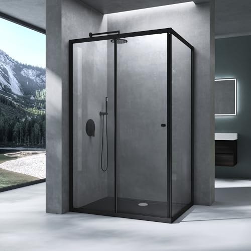 Mai & Mai Cabine de Douche Paroi de Douche avec Porte Coulissante Verre Trempé de Sécurité Transparent Revêtement Nano Easy Clean 100x100x190cm Noir RAV16L K