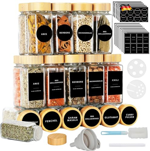 Lannvan Barattoli Spezie - 24pcs Barattoli per Spezie con Coperchio in Bambù - 120ml Contenitori Spezie per Cucina - Barattoli Porta Spezie con Setaccio, Etichette, Spazzola, Lmbuto