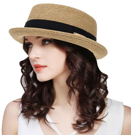CaySep Classic Pork Pie Straw Sun Hat for Women and Men - Summer Roll Brim Straw Fedora Hat Beach Hat with Bow