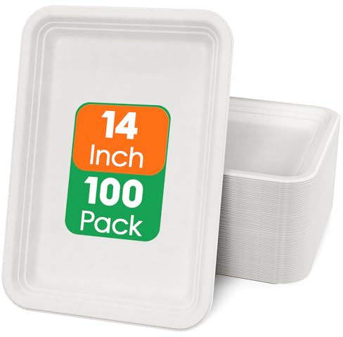ECOLipak 100 Pack 14 Inch Disposable Food Crawfish Trays, Compostable Large Paper Plates, Disposable Thanksgiving Trays for Serving Food, Turkey, BBQ, Seafood Boil Party Supplies(White)