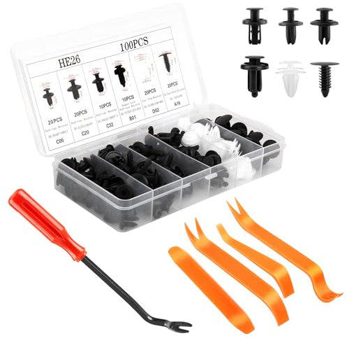 105 Pezzi rivetti in plastica per auto, 6 misure, 100 clip fissaggio auto e 5 strumenti di rimozione delle viti per auto per la maggior parte dei modelli.