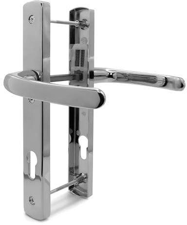 TSS Polished Chrome UPVC Door Handle Pair Set, 92mm PZ (Centres), Sprung, Lever Lever, 215mm Top to Bottom Screw (Screw Centres), 3X Fixing Points, Backplate 260mm x 35mm - Replacement Handles