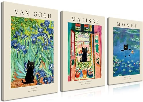 Monet Wall Art Set of 3 - Van Gogh Black Cat Flower Field Canvas Paintings Prints, Matisse Abstract Black Cat Aesthetic Pictures for Room Bedroom Living Room Bathroom 12x16 in Framed
