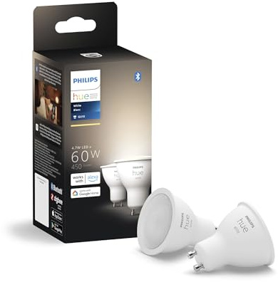 PHILIPS Hue Smart 60W GU10 LED Bulb, White Light, 2 Pack, 450LM, Indoor Light Bulbs, Control with Hue App, Compatible with Alexa, Google Assistant and Apple HomeKit