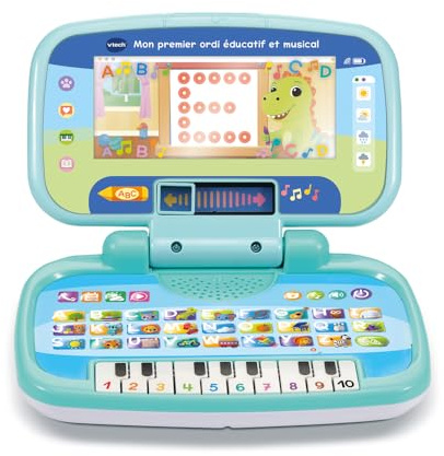 VTech - Mon Premier Ordi Éducatif et Musical, Ordinateur Portable Enfant avec Écran Animé, Clavier ABC, Poignée de Transport et 7 Jeux Éducatifs, Cadeau Enfant de 2 Ans à 5 Ans - Contenu en Français