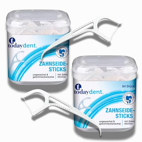 2x TodayDent Zahnseide-Sticks, 64 Stück pro Box, Geschmacksneutral, mit Zahnstocher 128 Stück