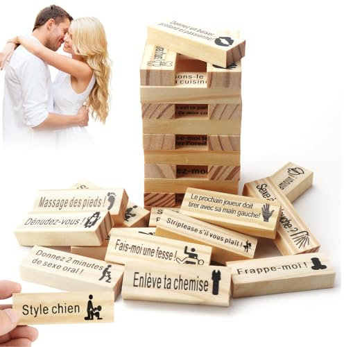 Audasi Français Jeu de Tour de Blocs Coquins,48 Pièces Adulte Coquin Français Tour D'Empilage Love & Naughty Jeu en Bois pour Couples Adultes De Soirée en Bois Jeux De Soirée