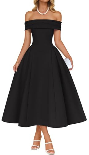 AOWVUTS Robe de Cocktail pour Femme Maxi Robe Sexy à Épaules Dénudées Robes Longue Chic et Elégant Robes Vintage A-Line Swing à Plis pour Fête Soirée Bal Promo Cérémonie Mariage Invité