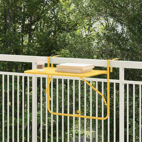 GeenYuu Tavolo da balcone sospeso in acciaio senape, 60 x 39 x 65 cm, pieghevole per esterni, moderno patio Side Table per giardino e terrazza, salvaspazio