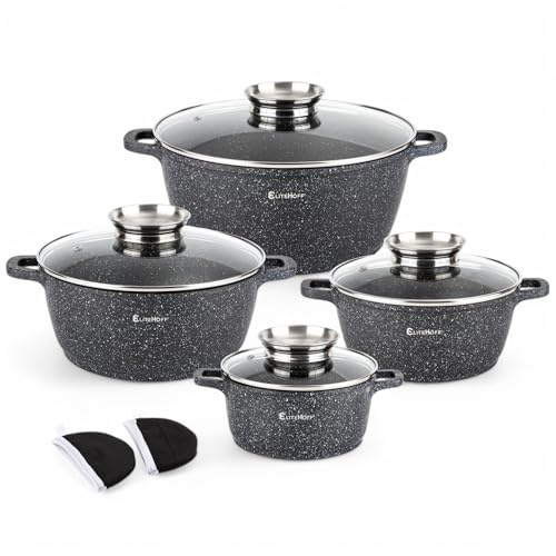 EliteHoff Induktionskruka set med glaslock, non-stick-beläggning i aluminium, köksgrytor för alla spistyper (svart, 8 delar)