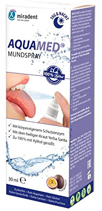 miradent AQUAMED® Mundtrockenheit Spray 30 ml | mit Xylit gesüßt | fruchtig erfrischender Passionsfrucht-Geschmack | erhält Feuchtigkeitsniveau zahnmineralisierend | ohne Alkohol
