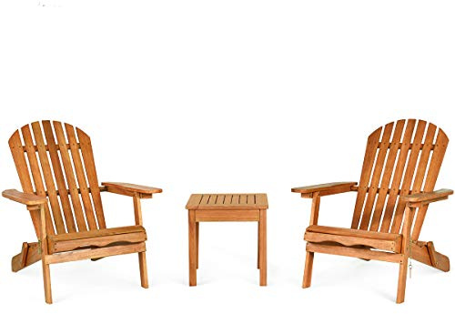 GIANTEX Adirondack Chair Set 3-Piece Foldable Wooden Chairs Set W/Widened Armrest, Eucalyptus Frame and Side Table Outdoor & Indoor Table Set for Patio Poolside Garden, Set of 3 Wooden Lounger Chair
