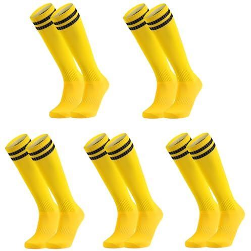 Elfcool 5 Pairs Kids Soccer Socks Youth Knee High Striped Tube Softball Baseball Football Socks for Boys Girls 6-12 Years Old (Yellow)