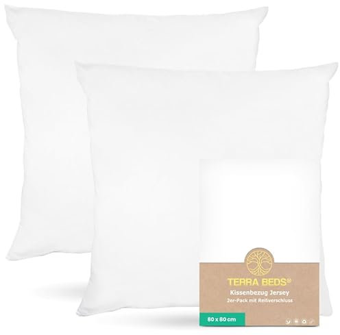 Terra Beds Kissenbezug 80x80 Baumwolle Jersey 160 GSM - Kopfkissenbezug 80x80 2er-Set mit Reißverschluss, dehnbarem gestricktem Stoff, atmungsaktiv - (Weiß)