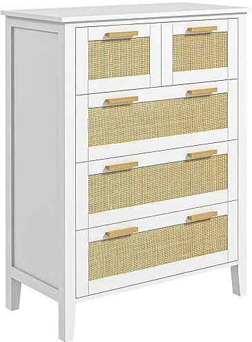 HOMCOM Commode 5 tiroirs Meuble de Rangement avec poignées en Bois Massif et glissières en métal pour Bureau Salon Chambre à Coucher Blanc
