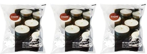 Maxi lumini da tè 3 x 10 pezzi (3 sacchetti – 30 lumini da tè – durata 10 ore, senza fuliggine – per portacandele – per Natale, decorazione, matrimonio, festa e gastro