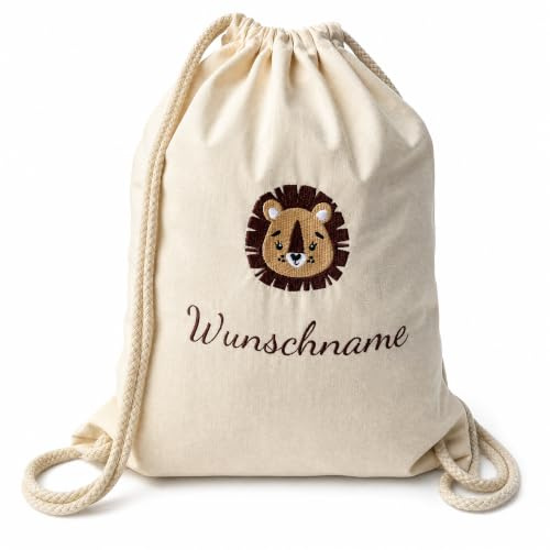 Sac de sport brodé avec nom et motif - Sac en tissu personnalisé avec cordon de serrage en coton pour enfants comme cadeau exceptionnel, beige, 37 x 46 cm