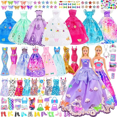 75pcs 11.5 Zoll Mode Mädchen Puppe mit Puppe Kleidung Zubehör Spiel Set Include 1 Puppe,2 Prinzessin Kleid,2 langes Kleid,2 Meerjungfrau Kleid,Schlupf Kleid and Accessories (einschließen Puppe)