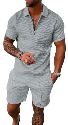 amropi Tuta Uomo Sportiva Maniche Corte Cerniera T-Shirt e Pantaloncini Estiva 2 Pezzi Set Completo Grigio Chiaro, M