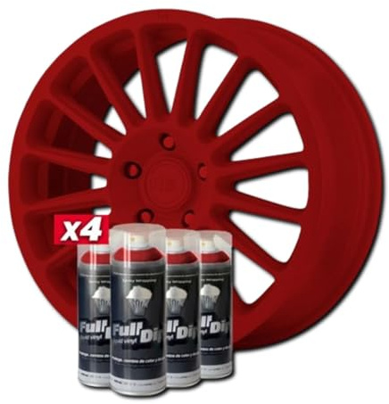 AutoFullCar - Pack Llantas Vinilo Líquido FULL DIP - 4 Sprays - 400 ml. Unidad - Acabado Mate - Válido Para Llantas De 15 a 18 Pulgadas (ROJO CARMIN)