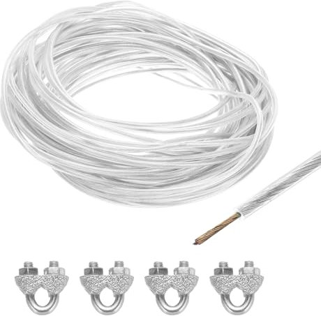 sourcing map 4mm (5/32 inch) Clear Vinyl Coated Wire Rope, 15m /49ft Galvanized Steel Cable Wire Rope with 4PCS M5 Loop Sleeves for String Light Hanging, Deck Railing, Garden Wire