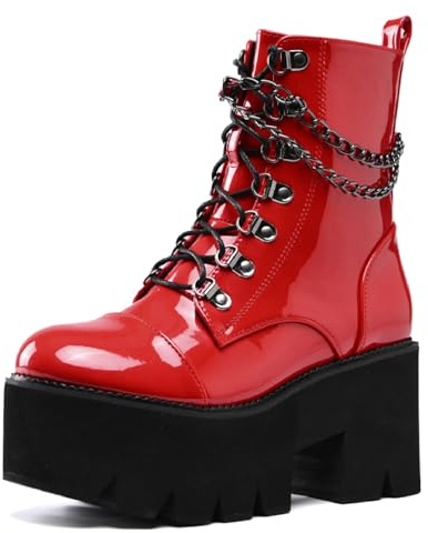 Women's Patent Leather Chain Platform Block Heel Goth Ankle Boots with Side Zipper Fashion Comfortable Round Toe Chunky High Heel Lace Up Combat Boots Y2K Punk Motorcycle Booties (red,5,5)