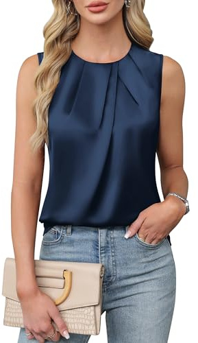 Blooming Jelly Womens Summer Tank Top Sleeveless Business Casual Outfits 2026 Trendy Silk Dress Shirts M, Navy Blue