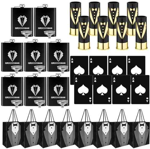 ASMIZ Groomsmen 40 Piece Gift Set, 8 x Groomsmen Bags, Stainless Steel Hip Flasks with Funnel, Groomsmen Jars, Poker Card Bottle Opener for Stag Night and Wedding Gifts