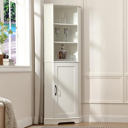 FOREST GRAVITY Armario Alto de Esquina Corner Cabinet Estrecho para salón Armario para Comedor Mueble de baño Estrecho con cajón Estantes Ajustables 42,4 * 13,8 * 166,7 cm Blanco